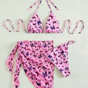 3 pack Butterfly print triangle bikini swimsuit tong and beach skirt